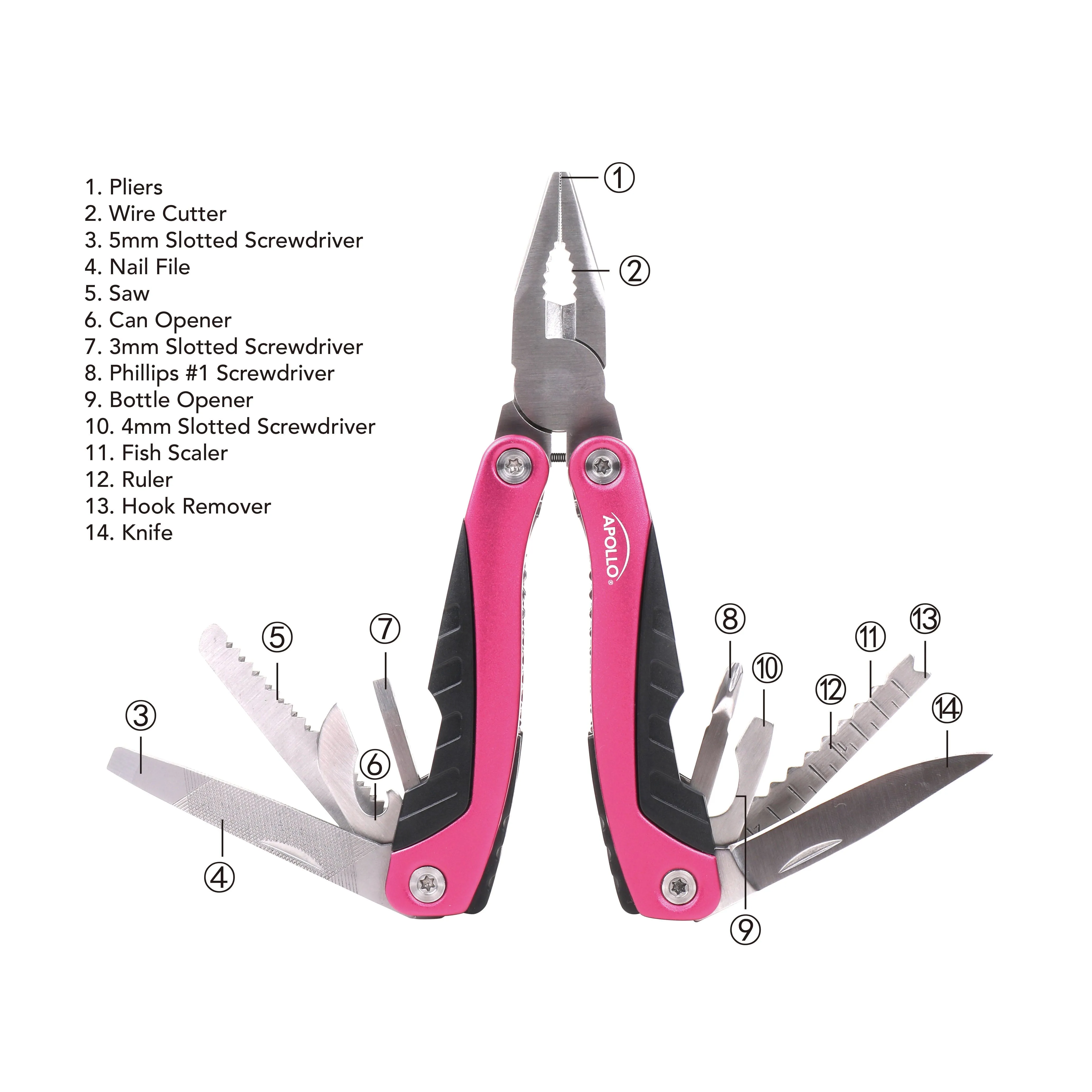14-in-1 Pink High-Quality Pocket Multitool Pliers. Great for Outdoors, Camping, Fishing  --DT5015P