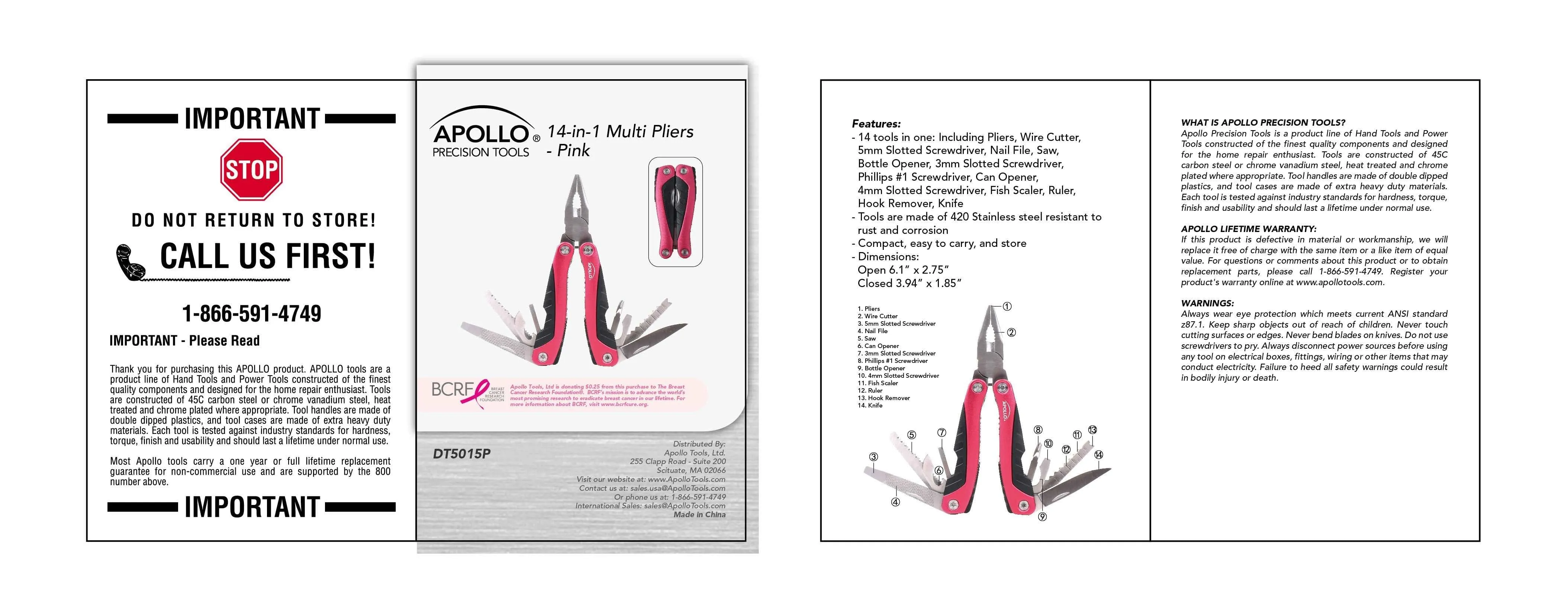 14-in-1 Pink High-Quality Pocket Multitool Pliers. Great for Outdoors, Camping, Fishing  --DT5015P