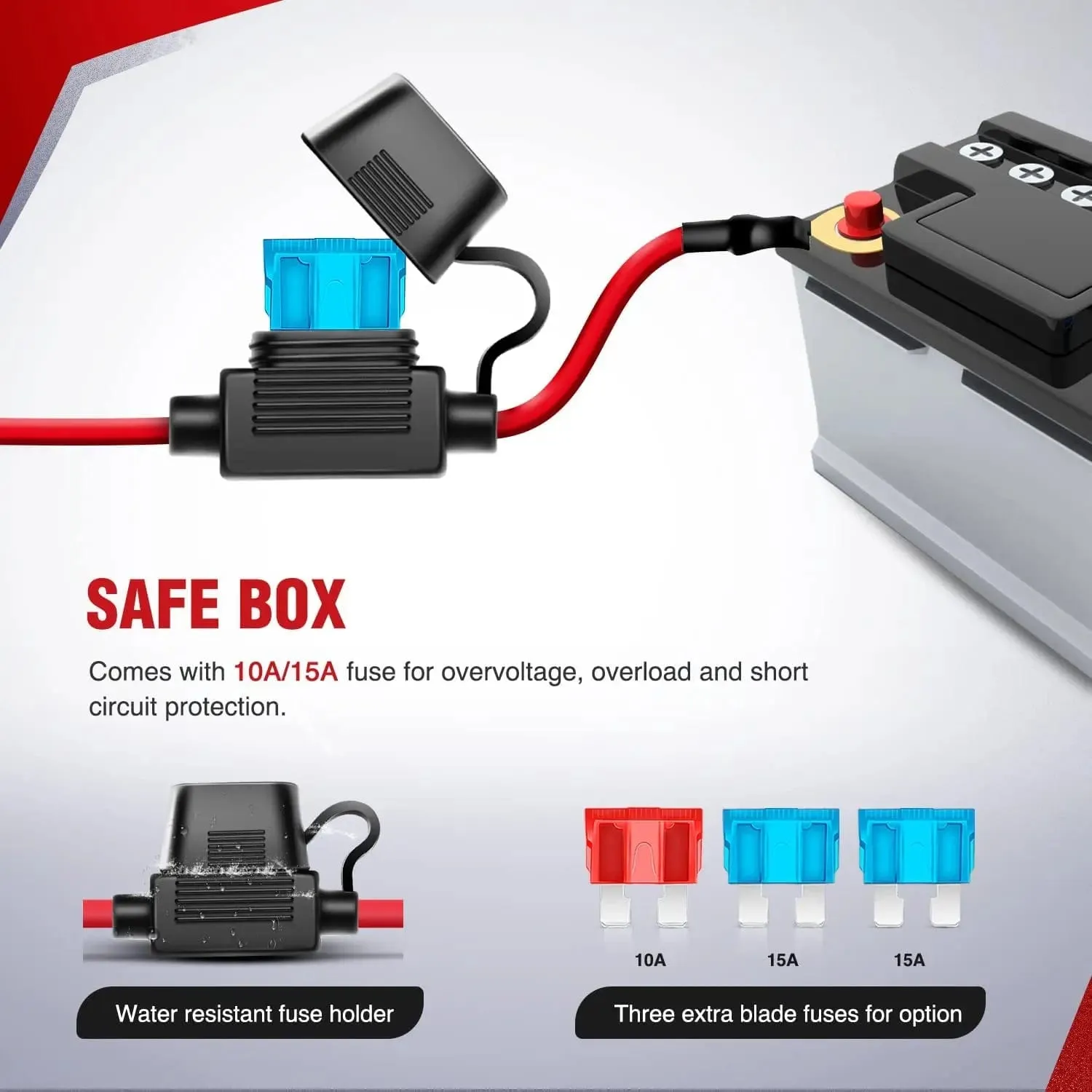16AWG Wire Harness 15FT Kit 2 Leads W/ 12V 3Pin Switch | 3 Fuses | 4 Spade Connectors