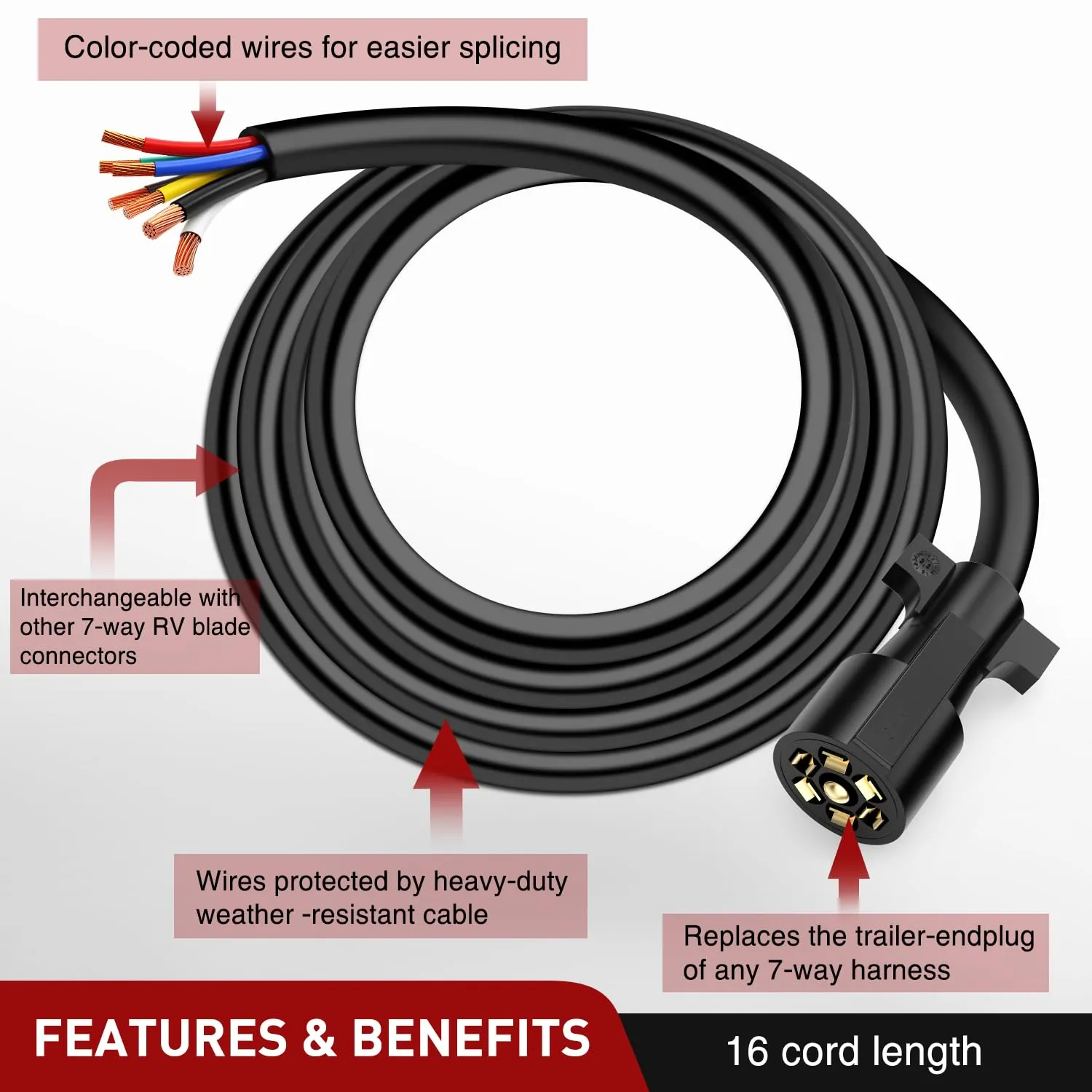 16FT Heavy Duty 7 Way Inline Trailer Cord