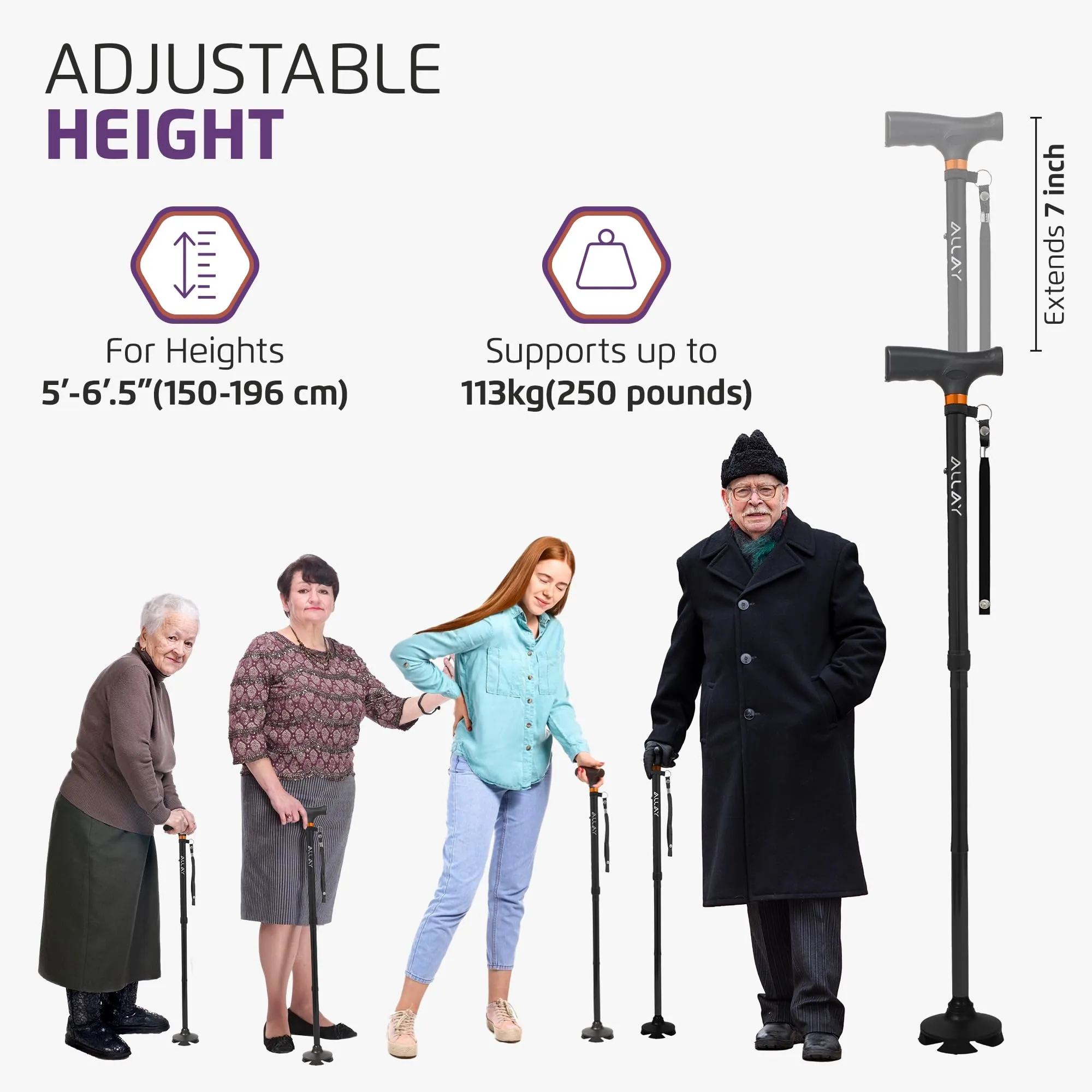 Allay Walking Cane for Men & Women - Foldable, Adjustable, Collapsible Walking Canes for Seniors Balance, Free Standing, Pivot Tip, Heavy Duty, with Travel Bag | Walking Sticks for Seniors & Adults Black