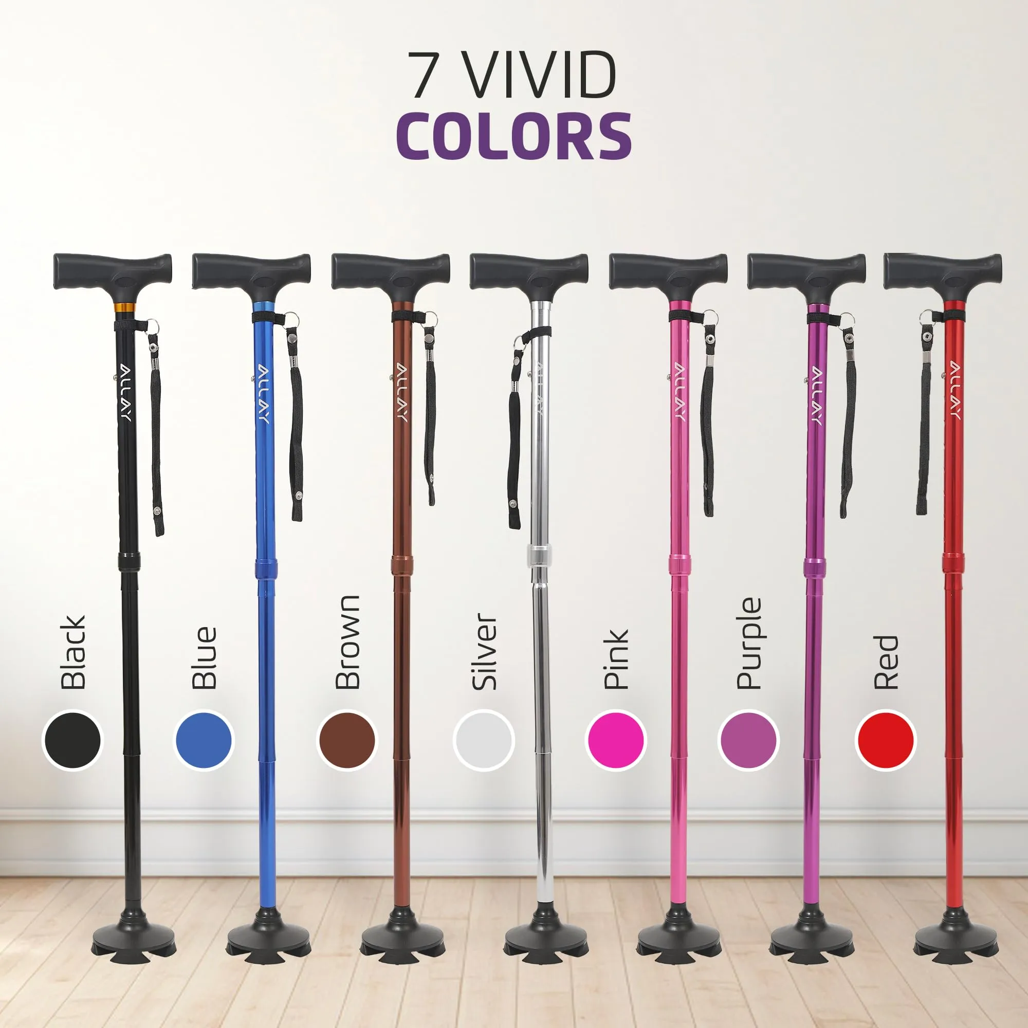 Allay Walking Cane for Men & Women - Foldable, Adjustable, Collapsible Walking Canes for Seniors Balance, Free Standing, Pivot Tip, Heavy Duty, with Travel Bag | Walking Sticks for Seniors & Adults Black