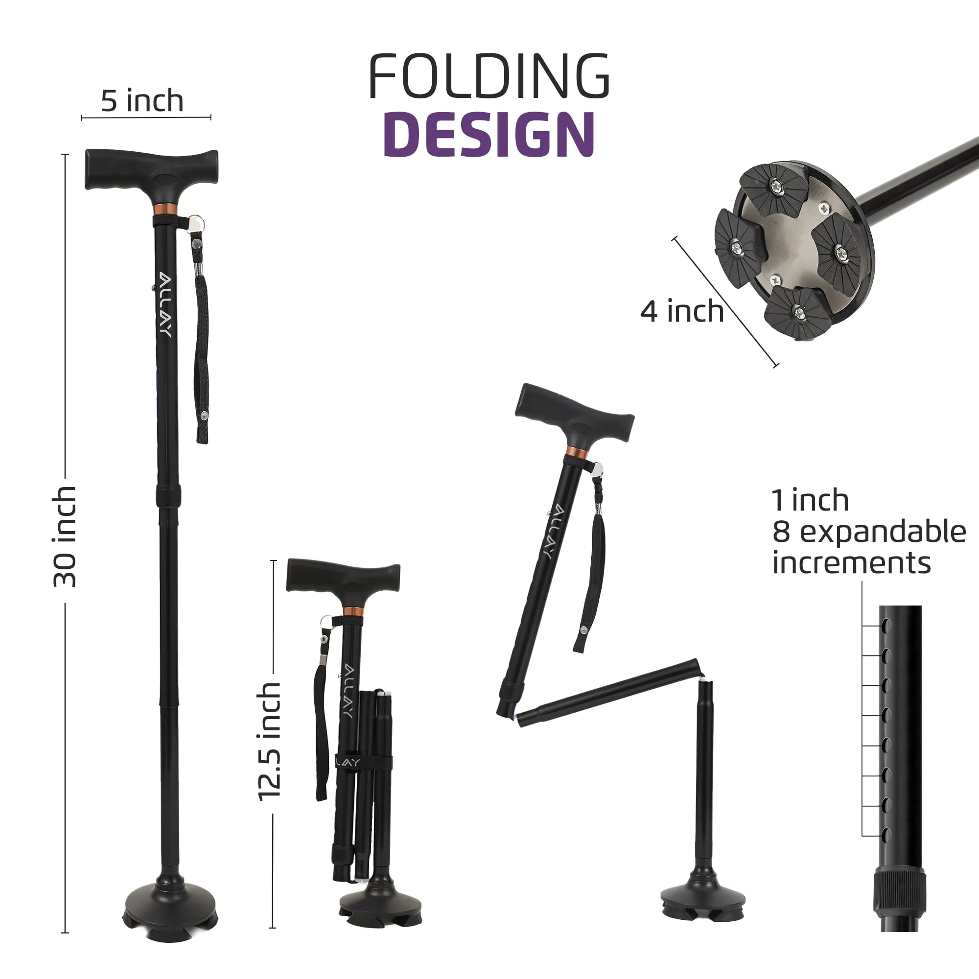 Allay Walking Cane for Men & Women - Foldable, Adjustable, Collapsible Walking Canes for Seniors Balance, Free Standing, Pivot Tip, Heavy Duty, with Travel Bag | Walking Sticks for Seniors & Adults Black