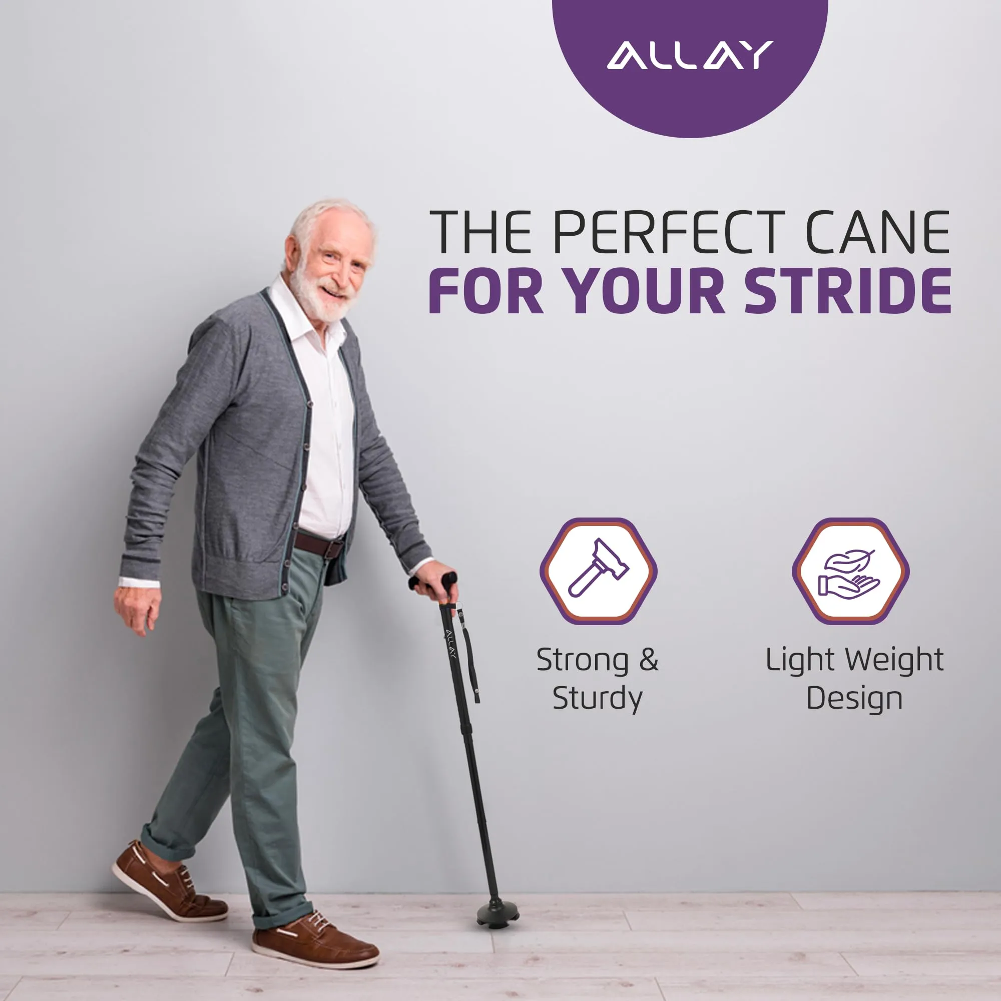 Allay Walking Cane for Men & Women - Foldable, Adjustable, Collapsible Walking Canes for Seniors Balance, Free Standing, Pivot Tip, Heavy Duty, with Travel Bag | Walking Sticks for Seniors & Adults Black