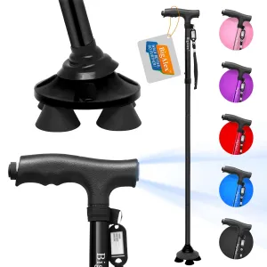 BigAlex Folding Walking Cane with LED Light,Pivoting Quad Base,Adjustable Walking Stick with Carrying Bag for Men/Women Black(33"-38")
