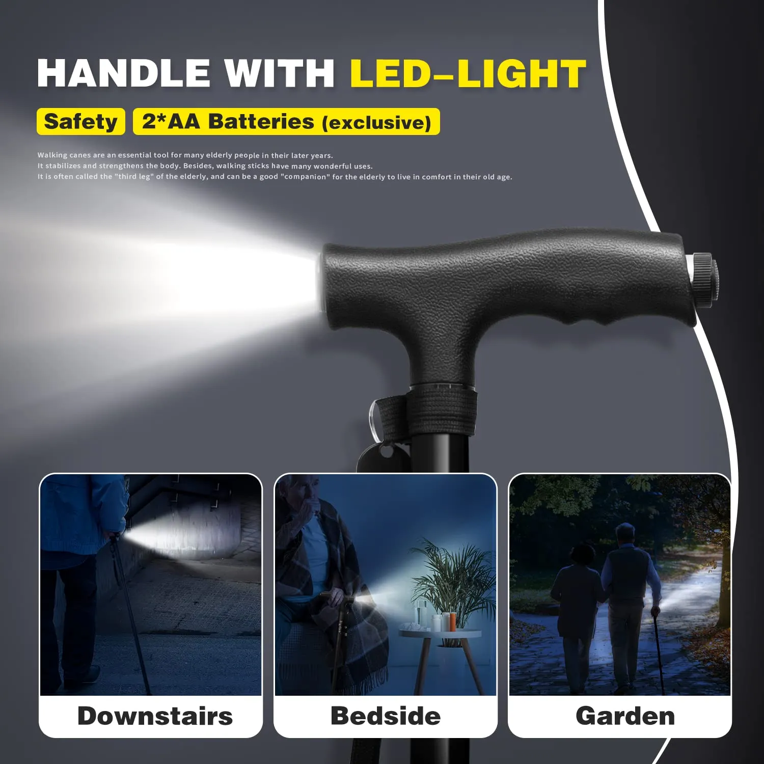 BigAlex Folding Walking Cane with LED Light,Pivoting Quad Base,Adjustable Walking Stick with Carrying Bag for Men/Women Black(33"-38")