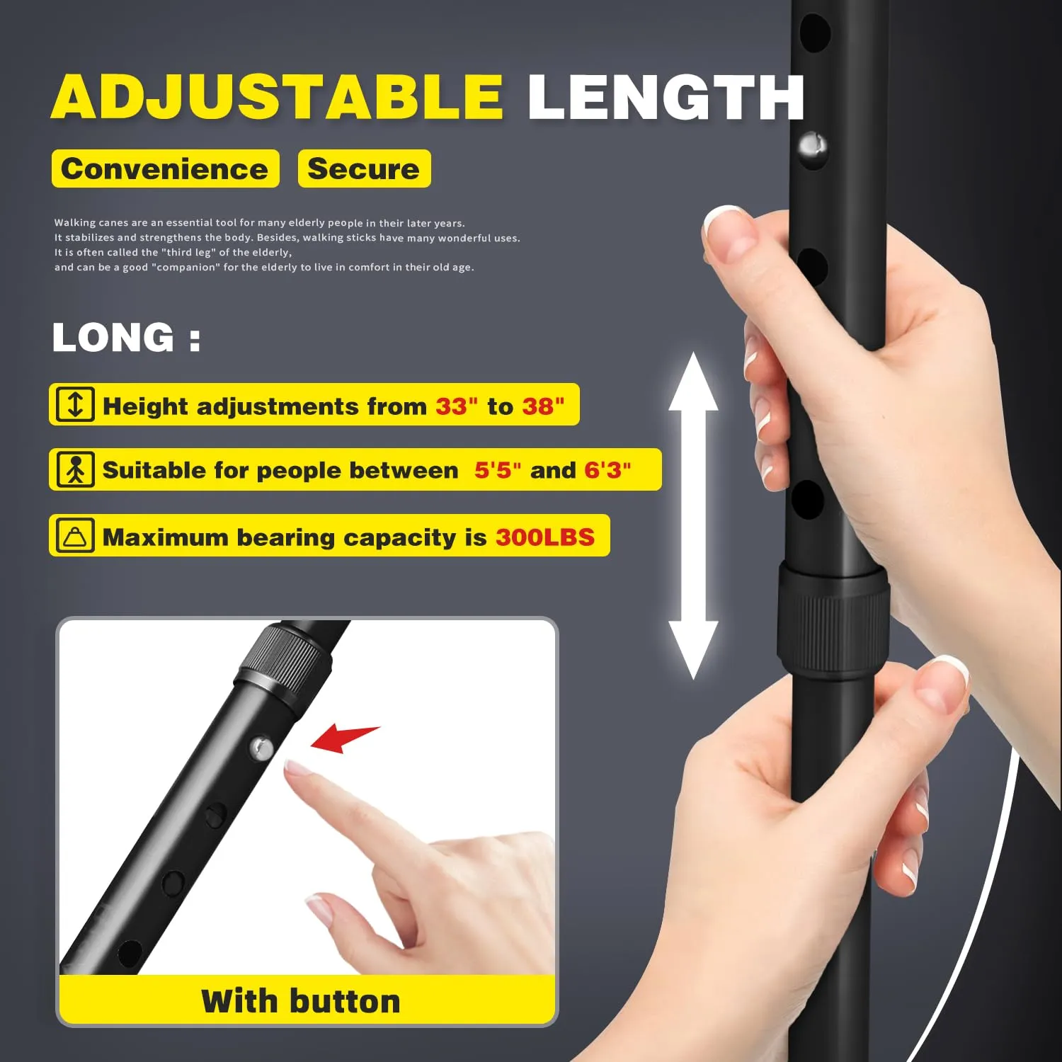 BigAlex Folding Walking Cane with LED Light,Pivoting Quad Base,Adjustable Walking Stick with Carrying Bag for Men/Women Black(33"-38")