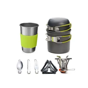 Camping Cookware Set – Mini Gas Stove with Stand, Fork, Spoon & Knife