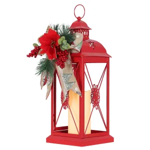 DECORKEY Christmas Decorations, 16” Metal Christmas Lantern with LED Candle and Floral Accents for Home Decor, Decorative Hanging Candle Holder Indoor Outdoor for Table Centerpieces, Porch, Patio