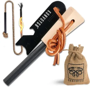 Fire Starter Survival Tool - Ferro Rod Fire Starter Kit with Hemp Cord Tinder and Wooden Handle  15,000 Strikes - Magnesium Firestarter Outdoor Gear for Camping, Hiking, and Emergencies