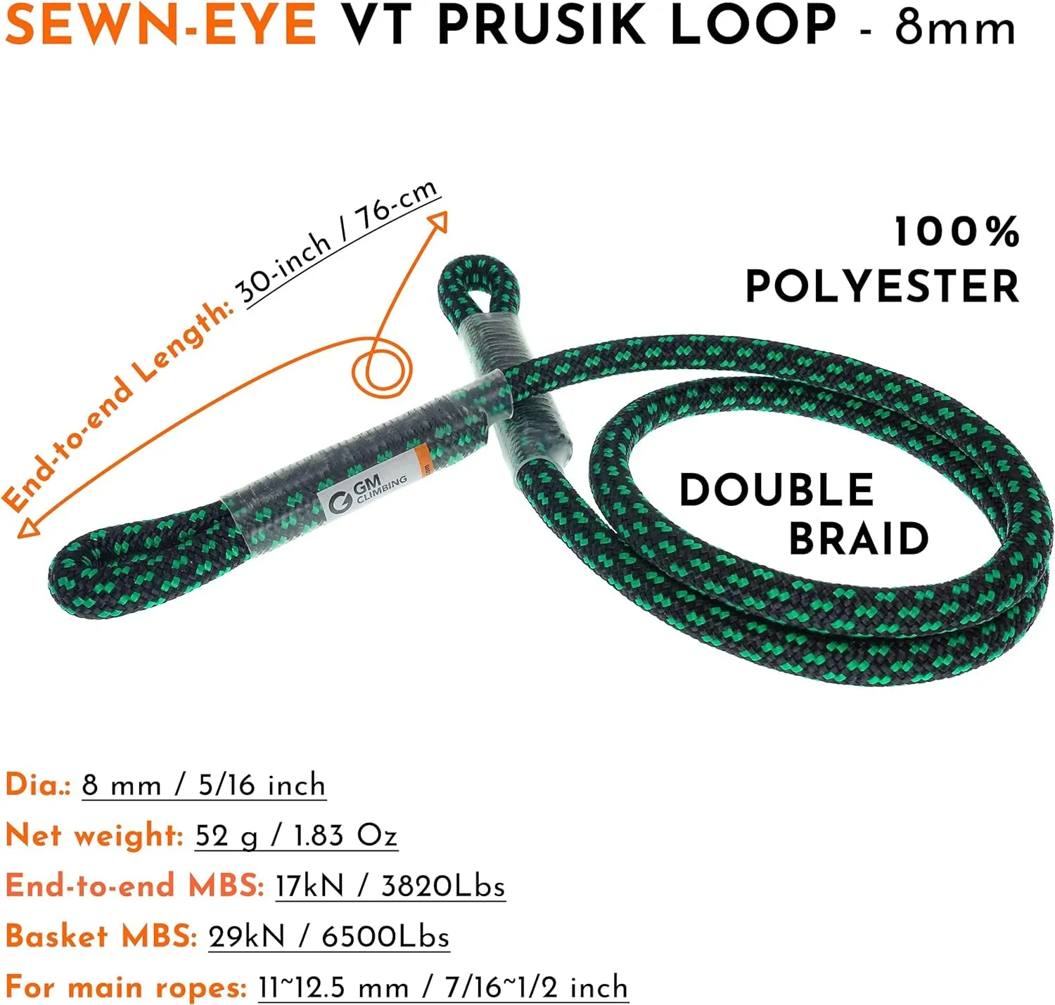 GM CLIMBING 8Mm (5/16") Prusik Sewn Eye-To-Eye Pre-Sewn 30 Inch