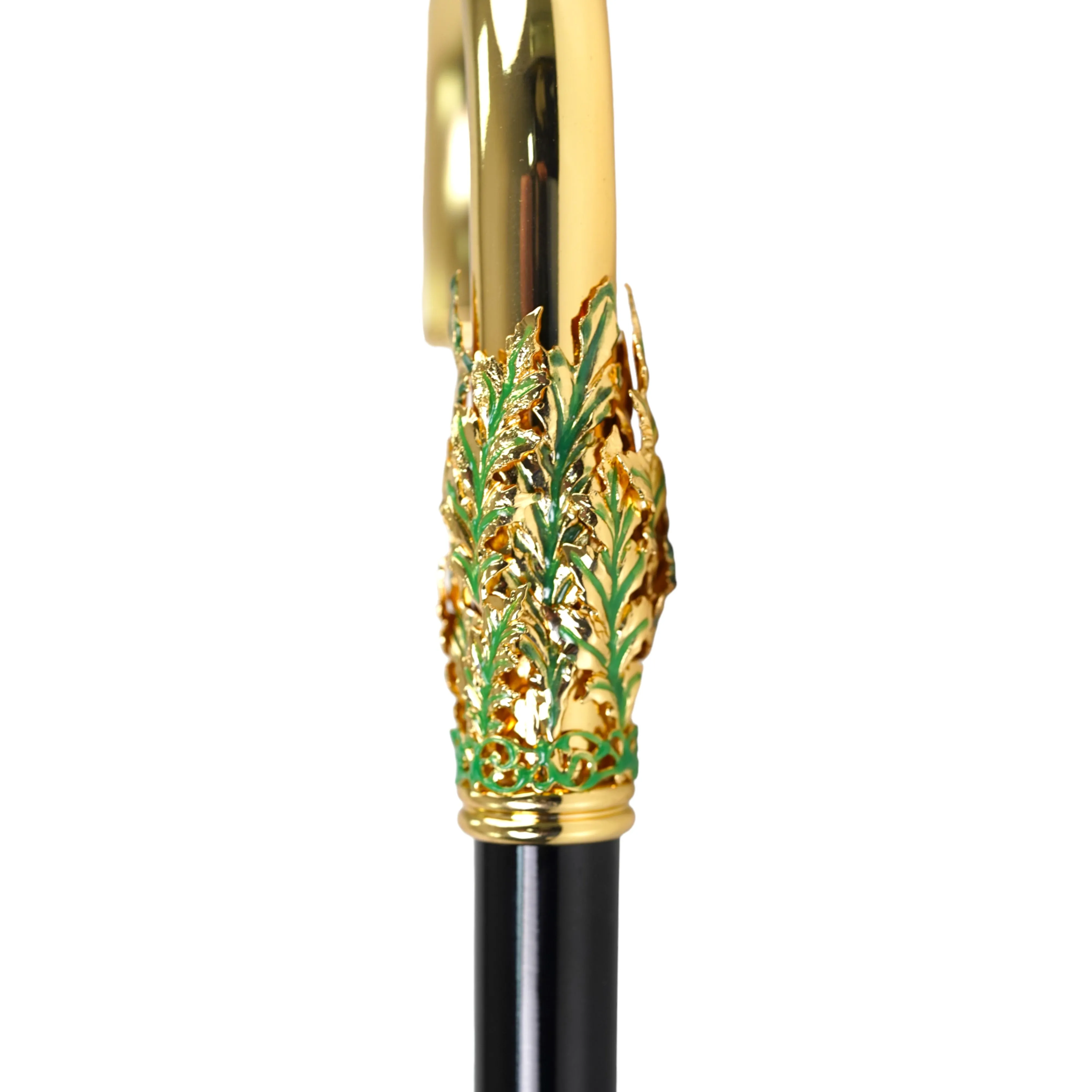 Hand-Painted Golden Plated Metal Walking Cane with Leaf Design