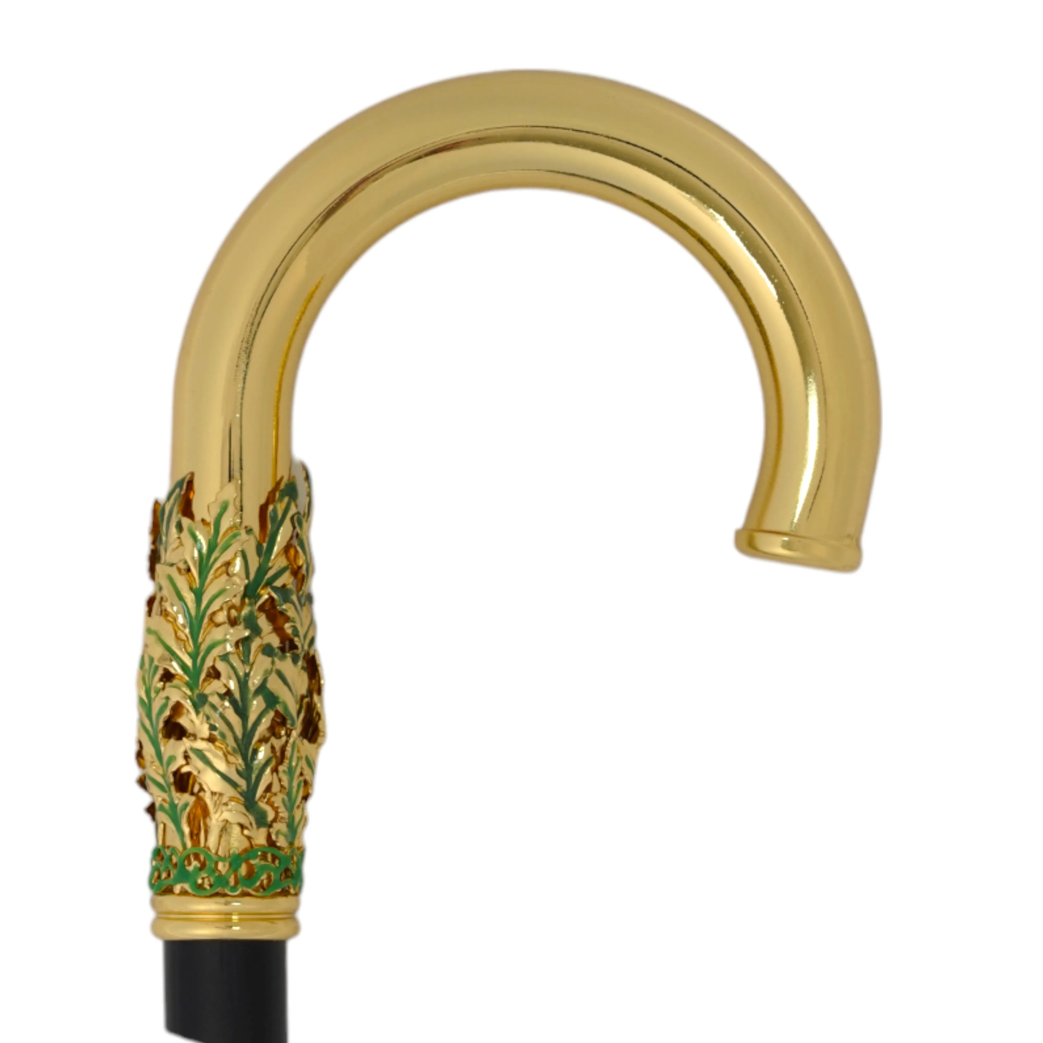 Hand-Painted Golden Plated Metal Walking Cane with Leaf Design