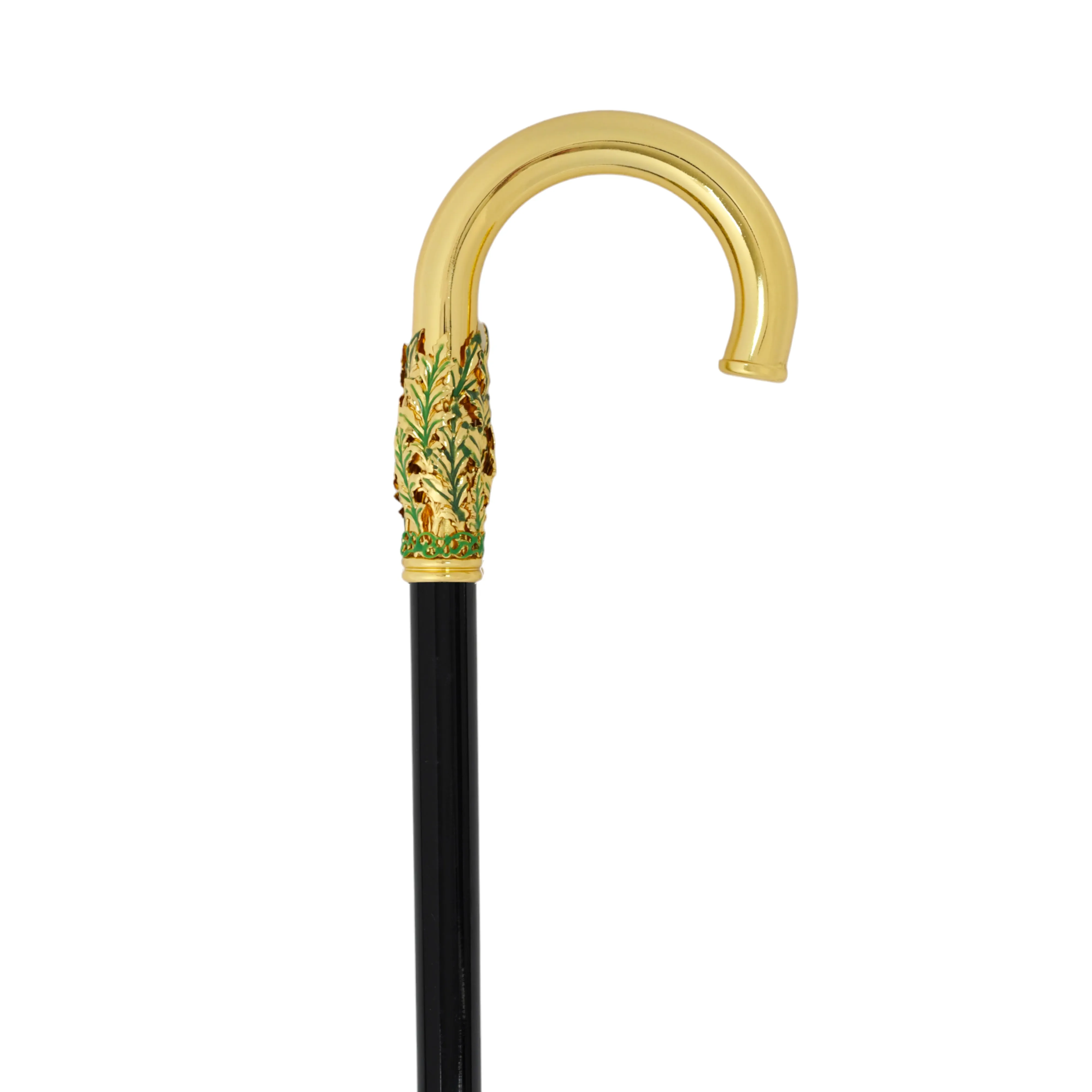 Hand-Painted Golden Plated Metal Walking Cane with Leaf Design