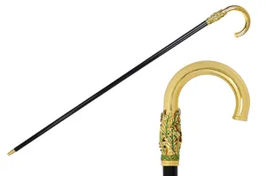 Hand-Painted Golden Plated Metal Walking Cane with Leaf Design