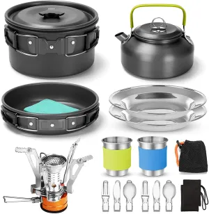 Odoland 16Pcs Camping Cookware Set with Folding Camping Stove, Non-Stick Lightweight Pot Pan Kettle Set with Stainless Steel Cups Plates Forks Knives Spoons for Camping Backpacking Outdoor Picnic