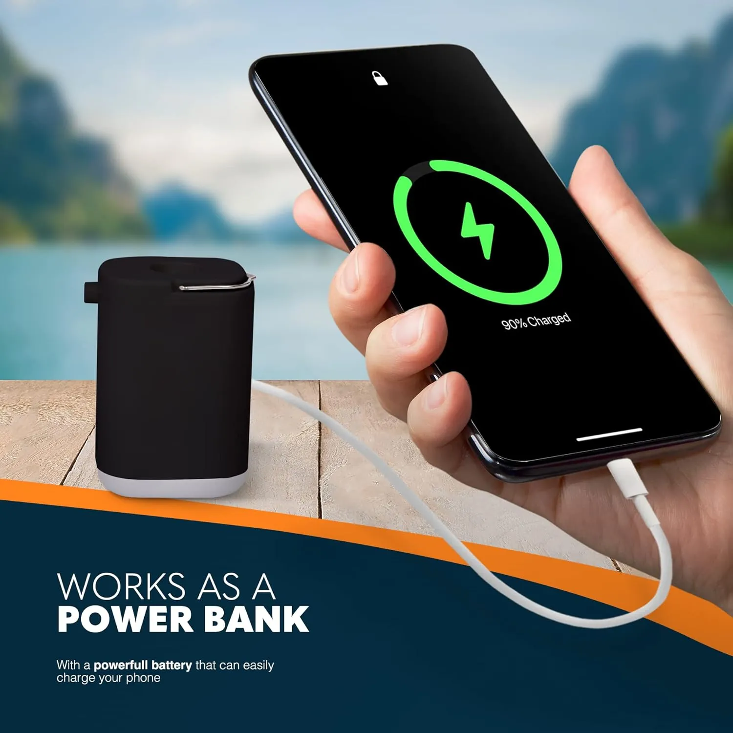 Portable Air Pump with Inflation & Deflation, Camping Lantern, and Power Bank – 2400mAh Battery, SOS Light, Compact for Camping, Outdoors, Hiking, Air Beds, Vacuum Storage Bags, & Pools