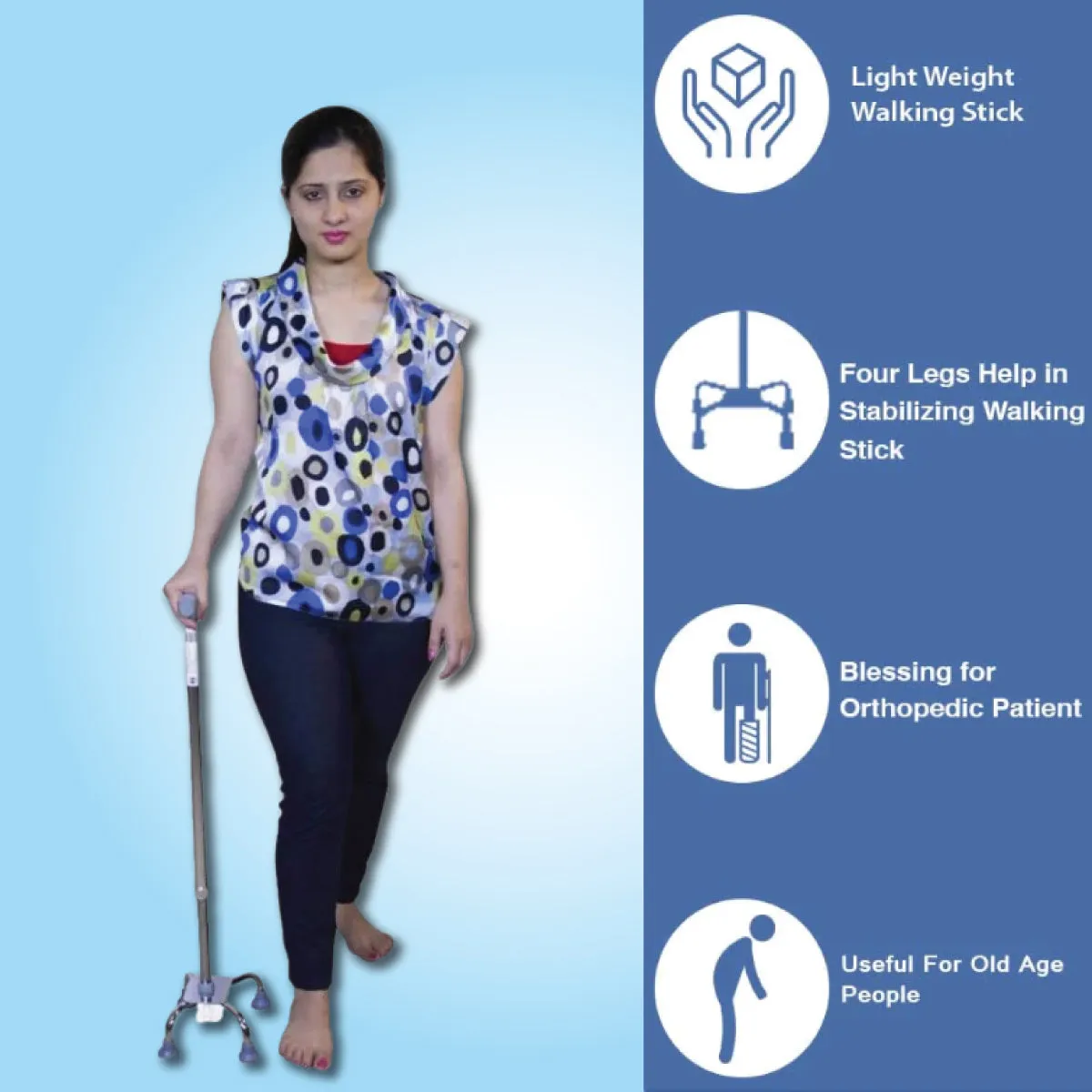 Quadripod Walking Stick Height Adjustable Walking Stick - Aluminum Lightweight for Patients, Old People - Anti Slip Base - Wide Base for Better Balance - Silver JSB W11