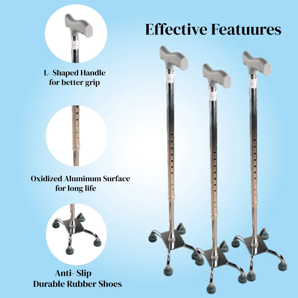 Quadripod Walking Stick Height Adjustable Walking Stick - Aluminum Lightweight for Patients, Old People - Anti Slip Base - Wide Base for Better Balance - Silver JSB W11
