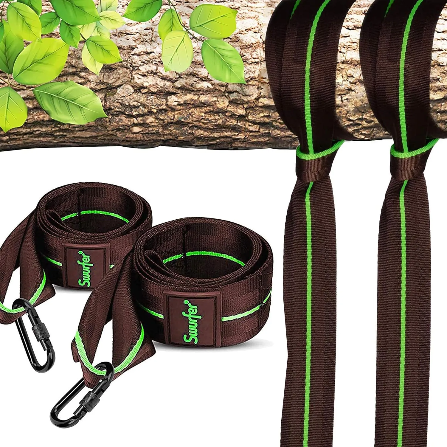 Swurfer Tree Swing Hammock Straps Hanging Kit for Hammock, Tree Swings, Durable, Weatherproof, Rust Free, Secure Lock Snap Carabiners Included, Weight Limit 2200 lbs Per Strap (3 Feet - 2 Straps)