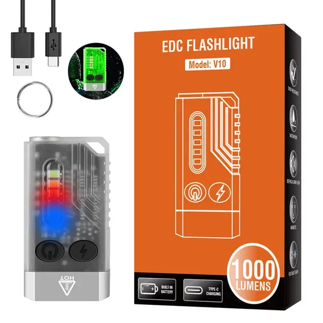 V3/V10 EDC Flashlight Keychain Light Type-C Rechargeable Portable Super Bright Mini Torch with Magnet UV Camping Pocket Lantern