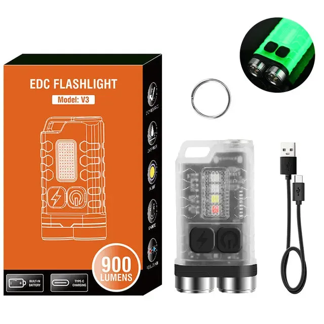 V3/V10 EDC Flashlight Keychain Light Type-C Rechargeable Portable Super Bright Mini Torch with Magnet UV Camping Pocket Lantern