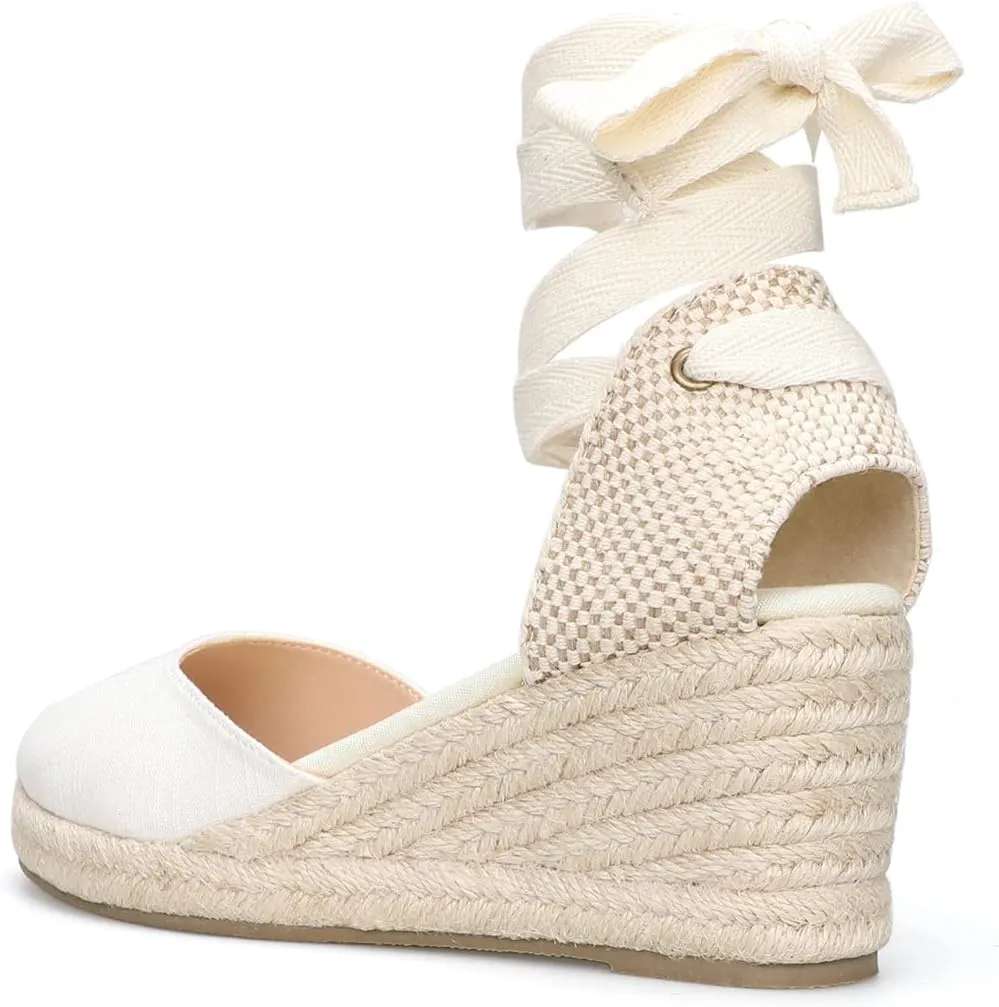 Womens Platform Wedges Espadrilles, 3" Wedge, Soft Ankle-Tie Strap, Closed Toe, Classic Summer Sandals